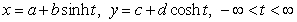 The parameterization for the lower half of the hyperbola using hyperbolic functions is , where a = _____, b = _____, c = _____, and d = _____.