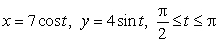 Are the parametric equations for the quarter of an ellipse centered at (0, 0), starting at (0, 2) and ending at (-10, 0), given by ?