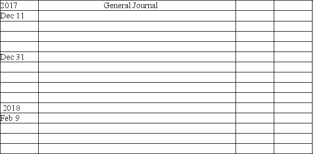 Importing transactions-journal entries Striking Furs imports furs from Canada.In the space provided below,prepare journal entries to record the following events. Dec.11,2017: Purchased furs from Capable Trappers,Ltd. ,a Canadian corporation,at a price of 25,000 Canadian dollars,due in 60 days.The current exchange rate is $0.85 U.S.dollars per Canadian dollar.(Striking uses the perpetual inventory method;debit the Inventory account. ) Dec.31,2017: Striking made a year-end adjusting entry relating to the account payable to Capable Trappers.The exchange rate at year-end is $0.89 U.S.dollars per Canadian dollar. Feb.9,2018: Issued a check for $21,750 (U.S.dollars)to National Bank in full settlement of the liability to Capable Trappers,Ltd.The exchange rate at this date is $0.87 U.S.dollars per Canadian dollar.