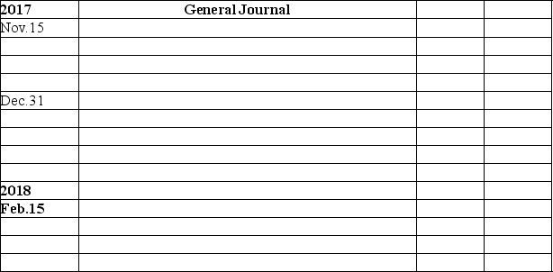 Exporting transactions-journal entries Jung Farms exports wheat to Germany.In the space provided below,prepare journal entries to record the following events. Nov.15,2017: Sold wheat to a German restaurant chain at a price of 2 million euros,due in 90 days.The current exchange rate is $0.80 U.S.dollars per euro.(Jung uses the periodic inventory method. ) Dec.31,2017: Jung made a year-end adjusting entry relating to the account receivable from the German restaurant chain.The exchange rate at year-end is $0.85 U.S.dollars per euro. Feb.15,2018: Received a check for $1,640,000 from the InterContinental Bank in full settlement of the receivable from the German restaurant chain.The exchange rate at this date is $0.82 U.S.dollars per euro.