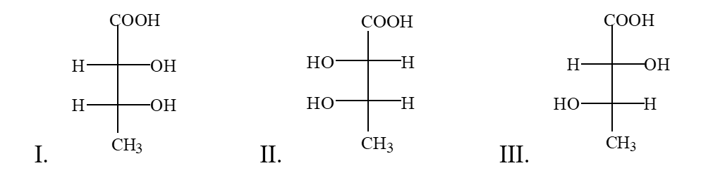 <strong>What is the relationship of these compounds to each other?  </strong> A) Compounds II and III are enantiomers; compound I is not related to II and III. B) Compounds I and II are enantiomers; III is a diastereomer of I and II. C) Compounds I and II are enantiomers; compound III is not related to I and II. D) These three compounds are not related to each other; they only look similar. <div style=padding-top: 35px> 