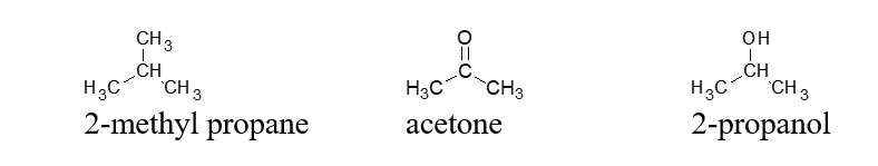 <strong>) Rank the following compounds in order of increasing boiling point (lowest to highest). </strong> A) 2-methyl propane < acetone < 2-propanol B) 2-methyl propane < 2-propanol < acetone C) 2-propanol < acetone < 2-methyl propane D) acetone < 2-methyl propane < 2-propanol