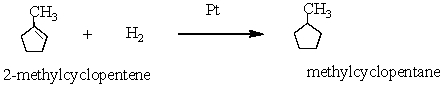2-methylcyclopentene reacts with hydrogen in the presence of platinum catalyst to form methylcyclopentane. In this reaction: