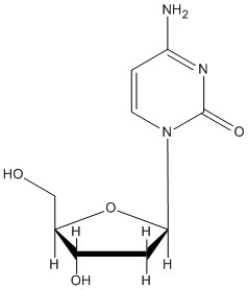<strong>Identify the components in this nucleoside: </strong> A)deoxyribose + cytosine B)ribose + cytosine C)deoxyribose + thymine D)ribose + uracil