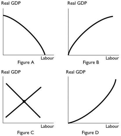 <strong> The figure above that most accurately shows a production function is</strong> A)Figure A. B)Figure B. C)Figure C. D)Figure D. E)Both Figure A and Figure B;Figure A for an economy with an excess of labour and Figure B for an economy with a shortage of labour.