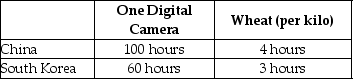 Table 2.6 Table 2.6 shows the number of labour hours required to produce a digital camera and a kilo of wheat in China and South Korea. -Refer to Table 2.6.What is South Korea's opportunity cost of producing one kilo of wheat?