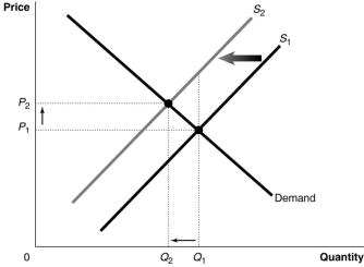 <strong>Figure 15.1   Figure 15.1 shows a market with an externality.The current market equilibrium output of Q<sub>1</sub> is not the economically efficient output.The economically efficient output is Q<sub>2</sub>. Refer to Figure 15.1.If, because of an externality, the economically efficient output is Q<sub>2</sub> and not the current equilibrium output of Q<sub>1</sub>, what does S<sub>1</sub> represent?</strong> A)The market supply curve reflecting external cost B)The market supply curve reflecting implicit cost C)The market supply curve reflecting social cost D)The market supply curve reflecting private cost <div style=padding-top: 35px> 
