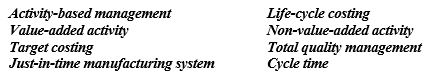 Listed below are eight technical accounting terms introduced or emphasized in this chapter Each of the following statements may (or may not) describe one of these technical terms. In the space provided below each statement, indicate the accounting term described, or answer None if the statement does not correctly describe any of the terms. a) The process of using activity-based costs to help reduce or eliminate non-value-added activities. b) Can be eliminated without affecting the desirability of the product from the perspective of the customer. c) The length of time for a product to pass completely through a specific manufacturing process. d) If eliminated, the desirability of the product to consumers is decreased. e) Consideration of all potential resources that will be consumed by a product from development through disposal. f) A method in which a product's selling price is determined by adding a fixed profit margin to its production cost. g) An approach that explicitly monitors quality costs and rewards quality enhancing behavior.