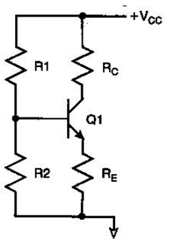 <strong>?    -In designing this four -resistor bias circuit, the AC gain is set by the ratio of</strong> A) R<sub>C</sub><sub> </sub>to R<sub>E.</sub><sub> </sub> B) R<sub>E</sub><sub> </sub>to R<sub>C.</sub><sub> </sub> C) R1 to R2. D) R1 to R<sub>E.</sub> <div style=padding-top: 35px> 