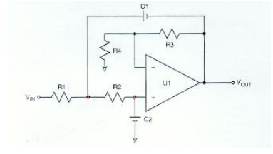 <strong>Match the components with their function    -R3 and R4</strong> A) determines characteristics of the low pass filter B) determines characteristics of the high pass filter C) determines the gain D) determines the filter type <div style=padding-top: 35px> 