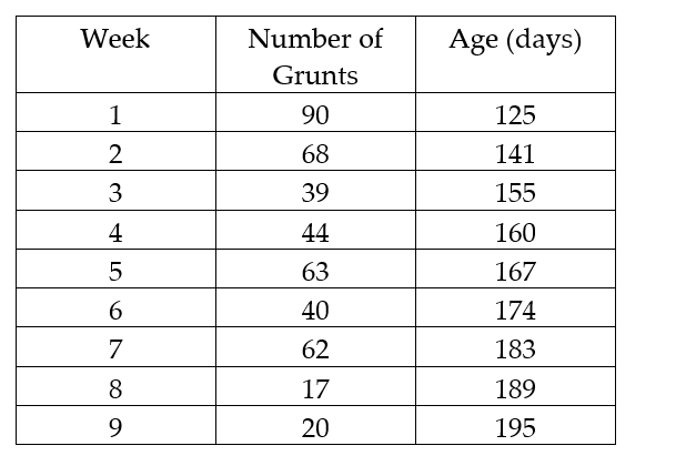 <strong>In a study of feeding behavior, zoologists recorded the number of grunts of a warthog feeding by a lake in a 15 minute time period following the addition of food. The data showing the weekly number of grunts and the age of the warthog (in days) are listed below. Compute the sum of the squared residuals of the least squared line for the given data. </strong> A) 13.74 B) 188.84 C) 74.39 D) 5533.53