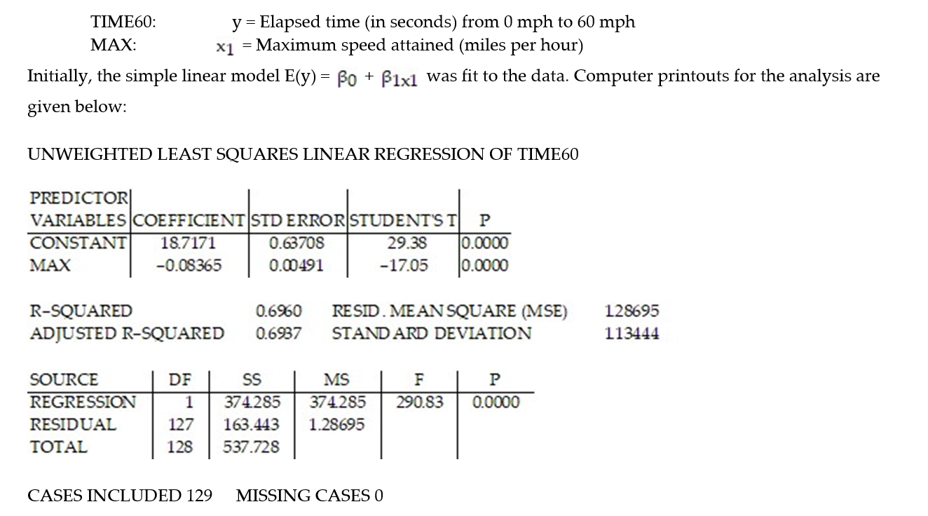 <strong>In a comprehensive road test on all new car models, one variable measured is the time it takes a car to accelerate from 0 to 60 miles per hour. To model acceleration time, a regression analysis is conducted on a random sample of 129 new cars. Approximately what percentage, rounded to the nearest whole percent, of the sample variation in acceleration time can be explained by the simple linear model?</strong> A) 8% B) 70% C) -17% D) 0%