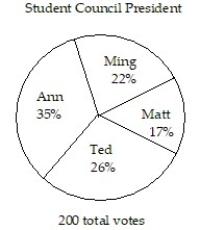 <strong>The pie chart shows the percentage of votes received by each candidate in the student council presidential election. Use the pie chart to answer the question. -Who got the most votes?</strong> A) Matt B) Ming C) Ted D) Ann