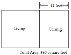 A rectangular space of 390 square feet is allocated for the living and dining areas in an apartment. Find the width of the square living area given that the width of the dining area is 11 feet.
