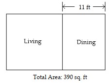 A rectangular space of 390 square feet is allocated for the living and dining areas in an apartment. Find the width of the square living area given that the width of the dining area is 11 \mathrm{ft} .
