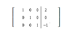 <strong>The matrix represents a system of equations in reduced row echelon form. Identify the solution of the system of equations.</strong> A) (2, 0, -1) B) (1, 0, 0) C) (-1, 0, 2) D) infinitely many solutions E) no solution