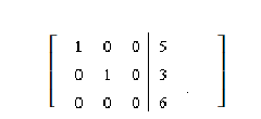 <strong>The matrix represent a system of equations in reduced row echelon form. Identify the solution of the system of equations.</strong> A) (0, 0, 0) B) (5, 3, 6) C) (5, 3, 0) D) infinitely many solutions E) no solution
