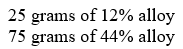 <strong>A metallurgist has an alloy with 12% titanium and an alloy with 44% titanium. He needs 100 grams of an alloy with 20% titanium. How much of each alloy should be mixed to obtain the 100 grams of alloy with 20% titanium?</strong> A) B) C) D) E) none of these