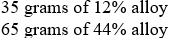 <strong>A metallurgist has an alloy with 12% titanium and an alloy with 44% titanium. He needs 100 grams of an alloy with 20% titanium. How much of each alloy should be mixed to obtain the 100 grams of alloy with 20% titanium?</strong> A) B) C) D) E) none of these