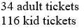<strong>A Saturday matinee sells adult tickets for $6.50 and kid tickets, for kids under 12, for $4.00. A total of 150 tickets were sold, and the revenue from the ticket sales was $805. Find the number of adult tickets and the number of kid tickets sold.</strong> A) B) C) D) E) none of these