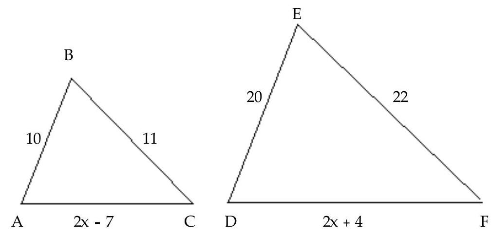 Suppose the triangles shown are similar, with angle A= angle D , angle B= angle E , and angle C= angle F . Answer the question. - What is the value of x ?