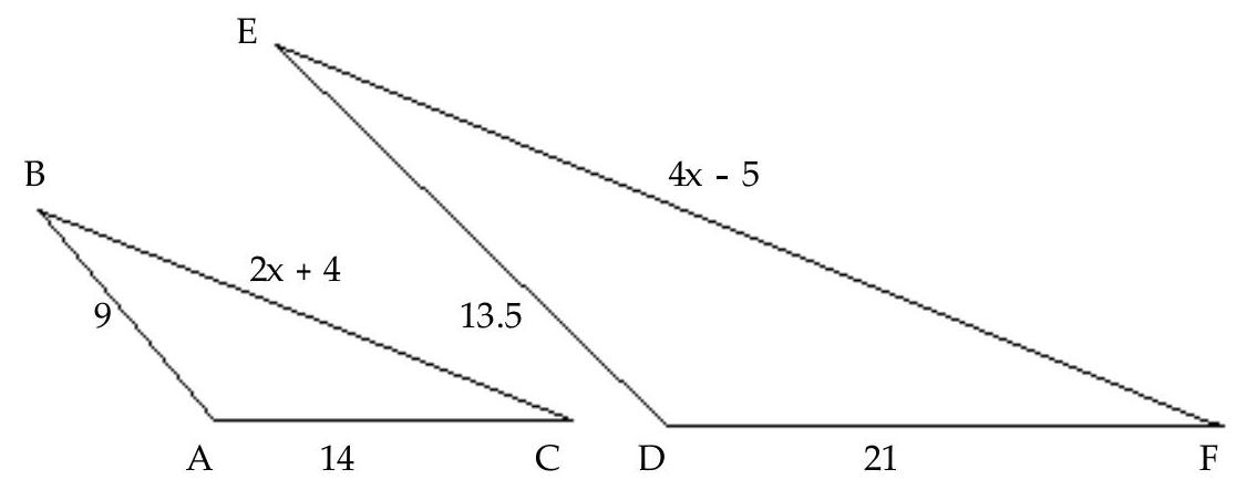Suppose the triangles shown are similar, with angle A= angle D , angle B= angle E , and angle C= angle F . Answer the question. - What is the value of x ?