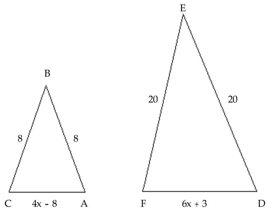 Suppose the triangles shown are similar, with angle A= angle D , angle B= angle E , and angle C= angle F . Answer the question. - What is the value of x ?