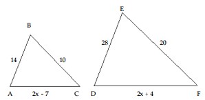Suppose the triangles shown are similar, with angle A= angle D , angle B= angle E , and angle C= angle F . Answer the question. - What is the length of side DF?