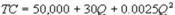 <strong>Suppose Kate's Great Crete (KGC) has annual variable costs of   and marginal costs of   , where Q is the number of cubic yards of concrete it produces per year. In addition, it has an avoidable fixed cost of $50,000 per year. KGC's demand function is?   . What is KGC's total cost function?</strong> A)   B)   C)   D)   <div style=padding-top: 35px> 