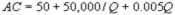 <strong>Suppose Kate's Great Crete (KGC) has annual variable costs of   and marginal costs of   , where Q is the number of cubic yards of concrete it produces per year. In addition, it has an avoidable fixed cost of $50,000 per year. KGC's demand function is ?   . What is KGC's average cost function?</strong> A)   B)   C)   D)   <div style=padding-top: 35px> 