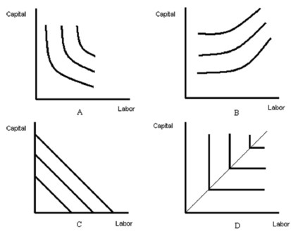 <strong> -Refer to Figure above. Which diagram represents isoquants for fixed-proportions technology?</strong> A) A B) B C) C D) D