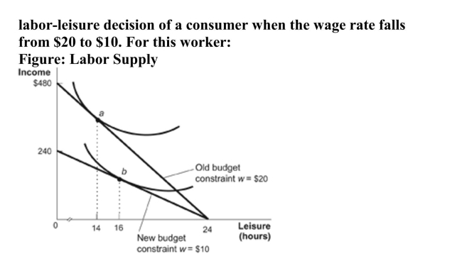<strong>(Figure: Labor Supply) Refer to the figure. The figurerepresents the budget constraint and indifference curves for the </strong> A)the income effect will dominate and the consumer will work more. B)the substitution effect will dominate and the consumer will work more. C)the income effect will dominate and the consumer will work less. D)the substitution effect will dominate and the consumer will work less.