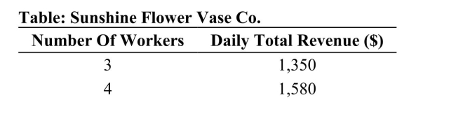<strong> (Table: Sunshine Flower Vase Co.) Refer to the table. If thereis competition from new immigrants that lowers the marketwage for each worker from $100 to $70 per day, how manyworkers would the firm hire?</strong> A)5 B)6 C)7 D)8