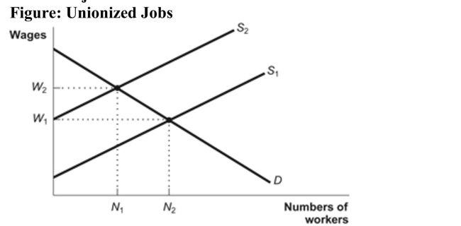 <strong>(Figure: Unionized Jobs) Refer to the figure. Which of thefollowing would represent the wage and number of workers ofunionized jobs? </strong> A)W1; N<sub>1</sub> B)W1; N2 C)W<sub>2</sub>; N<sub>1</sub> D)W<sub>2</sub>; N2