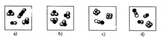Depicted are molecules that represent the following substances: NOCl, P<sub>4</sub>, H<sub>2</sub>S, IBr, and C<sub>2</sub>H<sub>2</sub>. Identify the substances present in each box.