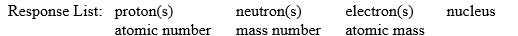 Fill in the blanks in the following sentences using words from the following response list: Items in the response list may be used more than once or need not be used at all. -The __________ of an atom contains protons and __________.