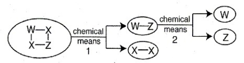 The schematic below illustrates the breakdown of a compound via chemical means. Identify the products (as elements or compounds) formed at the end of chemical means 1 and the products formed at the end of chemical means 2.