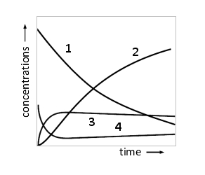 For a simple enzymatic reaction that involves only one substrate and follows Michaelis-Menten kinetics, the changes in the concentrations of substrate, product, free enzyme, and the enzyme-substrate complex over the course of the reaction are depicted by solid curves in the graph below. Which curve (1 to 4) corresponds to [ES]? Write down the number as your answer.   <div style=padding-top: 35px> 