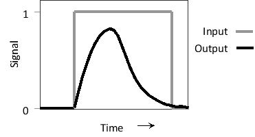 Consider the two feed-forward loops below containing three transcription regulators A, B, and C, where A receives the input signal and C generates the output. In the so-called coherent loop (left), A activates C both directly and indirectly, whereas in an incoherent loop (right), A activates C via one route and inactivates it via the other. Answer the following question(s) based on these network motifs. -Would you expect a coherent (C) or an incoherent (I) loop to generate the following response pattern? In this example, A is stimulated by the input, and the transcription of C is measured as the output. Write down C or I as your answer.