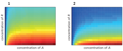 The quantitative output of a gene depends in part on the relative affinities of transcription regulators. In the following graphs, the red color indicates high gene expression and blue color indicates low gene expression. The expression level is plotted as a function of the concentrations of two transcription regulatory proteins, an activator (A) and a repressor (R). Every other parameter being identical, which graph corresponds to a system where the affinity of protein A for the cis?-regulatory sequences is higher than that of protein R? Which graph corresponds to a system that shows a leakier expression?  