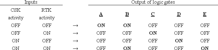 The Src kinase can be regulated by at least two mechanisms. Kinases of the CSK family inactivate Src by phosphorylating a C-terminal tyrosine residue. On the other hand, binding of activating ligands (including some activated receptor tyrosine kinases, or RTKs) results in autophosphorylation at a tyrosine residue near the active site, stimulating Src activity. Full activation of Src therefore requires both dephosphorylation at the inhibitory tyrosine and binding to an RTK. Which of the following logic gates (A to E) correctly models the activation of Src kinase (output) as a function of the activity of the upstream regulators (inputs)?