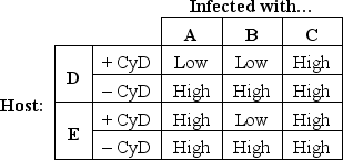 Cytochalasin D (CyD) is a drug that binds to the plus end of actin filaments and prevents actin polymerization. Having identified mutations in actin that confer resistance to CyD, a researcher sets out to study the role of the actin cytoskeleton in the invasion of mammalian host cells by two intracellular parasites: the protozoan Toxoplasma gondii and the bacterium Salmonella enterica. She infects wild-type or CyD-resistant host cells with either wild-type T. gondii, CyD-resistant T. gondii, or wild-type S. enterica, each in the presence (+) or absence (-) of CyD, and measures parasite internalization and intracellular proliferation as a result. The findings are summarized in the table below, in which High or Low levels of proliferation are indicated. According to these results, which column (A to C) do you think corresponds to infection with wild-type T. gondii? Which column corresponds to CyD-resistant T. gondii? Which row (D or E) corresponds to the wild-type host? Your answer would be a three-letter string composed of letters A to E only, e.g. ABE.