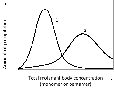 <strong>Antigens and antibodies can form large, insoluble, cross-linked aggregates that precipitate from solution. The maximal amount of precipitant is observed at a certain antigen/antibody ratio; adding either excess antigen or excess antibody can prevent (or even reverse) the precipitation. Consider an antigen with multiple identical antigenic determinants that can be recognized by either bivalent or decavalent (i.e. pentameric) antibodies with binding sites that recognize the determinants. The amount of precipitation in the presence of a constant antigen concentration is plotted as a function of antibody concentration in the following qualitative graph. Which curve (1 or 2) in the graph do you think corresponds to the bivalent antibody? Would you expect to see such a bell-shaped curve if the antibodies were monovalent? </strong> A) Curve 1; yes B) Curve 2; yes C) Curve 1; no D) Curve 2; no E) Curve 2; only if the antigen was also monovalent