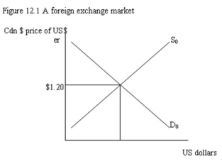 <strong> -Refer to Figure 12.1. In terms of the diagram an increase in US interest rates would:</strong> A) shift D<sub>0</sub> out and S<sub>0</sub> in, causing a rise in the exchange rate. B) shift D<sub>0</sub> out and S<sub>0</sub> out, causing a fall in the exchange rate. C) shift D<sub>0</sub> in and S<sub>0</sub> in, leaving the exchange rate unchanged. D) shift D<sub>0</sub> in and S<sub>0</sub> out, having no effect on the exchange rate.