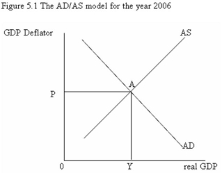 <strong> -Refer to Figure 5.1. If the GDP deflator has a base year value of P = 1.0 then the following are correct except:</strong> A) real GDP in the year 2006 is 0Y. B) nominal GDP in the year 2006 is the area 0Y x 0P. C) nominal and real GDP will be the same in every year. D) the GDP deflator in the year 2007 is 0P.