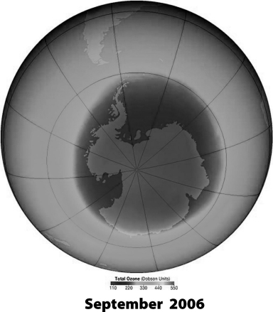 <strong>The ozone hole shown below is due to destruction of ozone by </strong> A)chlorofluorocarbons produced by seawater spraying on the Antarctic ice. B)chlorofluorocarbons released by human activities and concentrated by atmospheric circulation patterns. C)a lack of ultraviolet radiation from the sun during the Antarctic dark period. D)the presence of ultraviolet radiation from the sun.