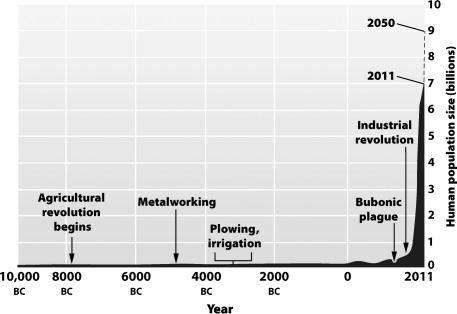 <strong>The figure below shows that the human population was small and relatively stable for nearly 12,000 years, but has increased dramatically in the past 200 years. How might this increase in population growth be explained?</strong> A)Disease prevented any significant growth of the human population. B)For most of human history people were too malnourished to have children. C)People simply chose to have fewer children in the past than at present. D)Prior human populations were at existing carrying capacities but newly developed technologies have raised the carrying capacity and permitted the recent expansion.