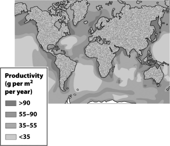 The figure below shows the net primary productivity (NPP)in marine biomes around the world.   One factor that influences the areas with >90 g/m² per year in the above diagram involving nutrient-rich layers being driven to the surface is ____________________.<div style=padding-top: 35px> 