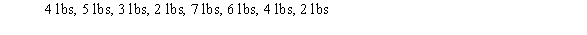 <strong>Choose the packing that results from the use of the worst-fit (WF) bin-packing algorithm to pack the following weights into bins that can hold no more than 9 lbs. </strong> A) B) C) D) Another packing