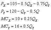 <strong>refer to the following: A firm sells two goods (X and Y) that are related in consumption. The estimated inverse demand and cost functions are: -What are the profit-maximizing levels of output for the two goods?</strong> A) = 6, = 3 B) = 40, = 40 C) = 58, = 30 D) = 240, = 270 E) none of the above